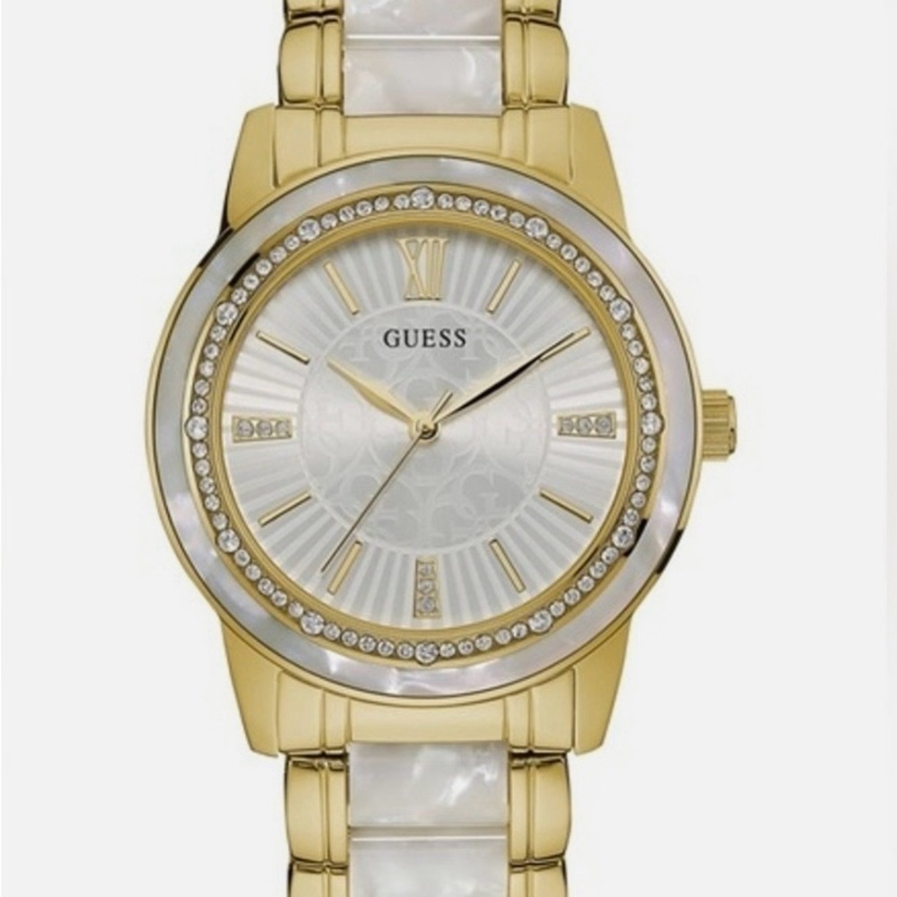 GUESS Gold and White Pearl-Accent Women's Crystal Watch